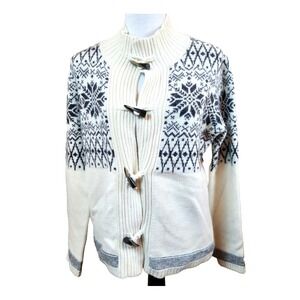 Obermeyer Fair Isle Cardigan Sweater Womens‎ Medium Lambswool Ivory Y2K Top Vtg